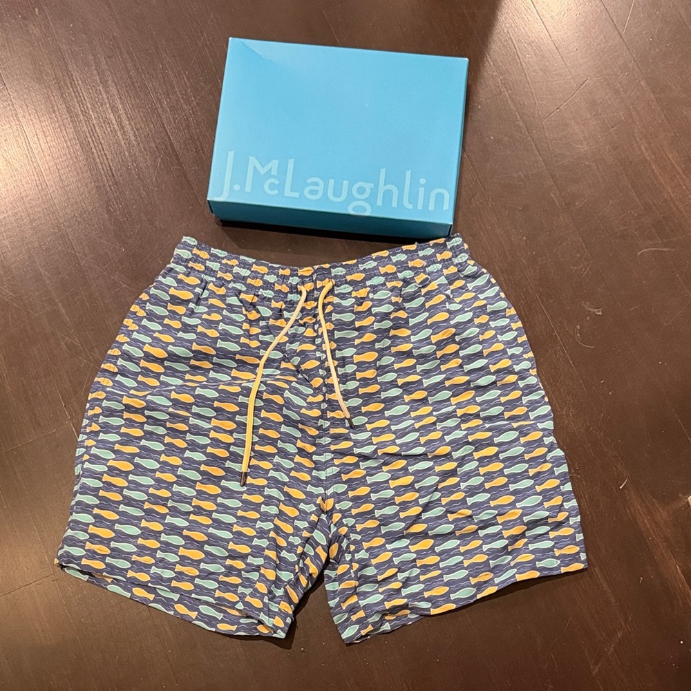 J. McLaughlin Blue Swim Shorts with Yellow & Mint Fish Print